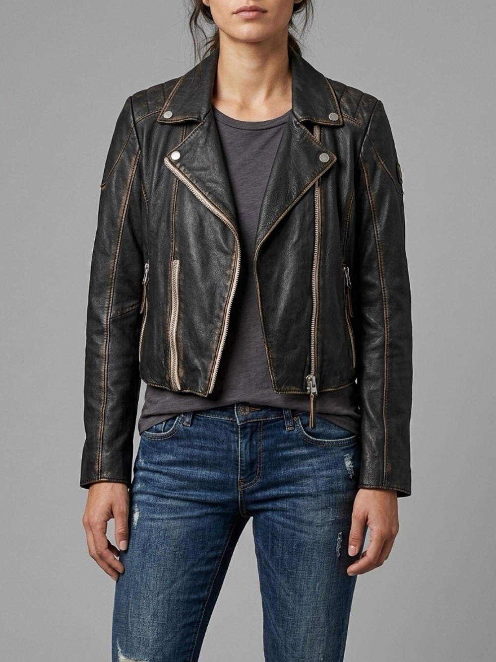 MAURITIUS Reanon Distressed Leather Moto Jacket Vintage Black - Size 5/6 Small